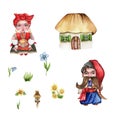 Set of girl and boy gnome in national ukrainian costume ,country houses and flowers. Design for baby shower party, birthday,cake, Royalty Free Stock Photo
