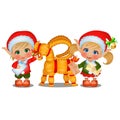 Set of girl and boy Santas helpers with straw sheep isolated on white background. The attributes of Christmas and New