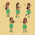 Set girl in dance. Beautiful graceful Hawaiian girl dancing hula in traditional costume. Garland and green skirt. Vector cartoon Royalty Free Stock Photo