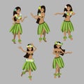 Set girl in dance. Beautiful graceful Hawaiian girl dancing hula in traditional costume. Garland and green skirt. Vector cartoon Royalty Free Stock Photo