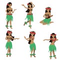 Set of girl in dance and sing with ukulele positions. Beautiful graceful Hawaiian girl dancing hula in traditional costume. Royalty Free Stock Photo