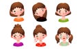 Set of the girl with different facial expressions. Vector illustration in flat cartoon style.