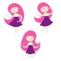 Set girl dressed in a dress with a variety of emotions and poses. Vector illustration