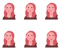 Set of 6 girl emoticons, simple and expressive cartoon female faces.