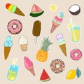 Set of girl fashion patches, cute cartoon badges, fun stickers desserts vector. Ice-cream, watermelon, coconut, lemon, pineapple,