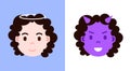 Set girl head emoji personage icon with facial emotions, avatar character, angel and devil face with different female