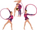 Set girl rhythmic gymnastics with hoops vector illustration. Training performance strength gymnastics. Championship workout