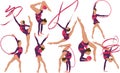 Set girl rhythmic gymnastics illustration. Training performance strength gymnastics. Championship workout rhythmic