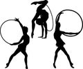 Set girl rhythmic gymnastics silhouette with hoops vector illustration. Training performance strength gymnastics. Championship