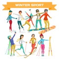 Set girl winter sport. Cartoon women training