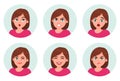 Set of girl/woman facial emotions. Different female emotions set. Woman emoji character with different expressions. Human emotion. Royalty Free Stock Photo