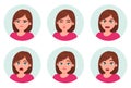 Set of girl/woman facial emotions. Different female emotions set. Woman emoji character with different expressions. Human emotion. Royalty Free Stock Photo