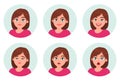 Set of girl/woman facial emotions. Different female emotions set. Woman emoji character with different expressions. Human emotion.