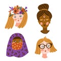 Set of girls of different nationalities and religions. Cute and funny characters. Vector illustration. Royalty Free Stock Photo