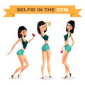 Set of girls is engaged in fitness in the gym and makes a selfie