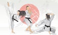 A set of girls engaged in karate. Abstract background.