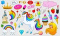 Set of girls fashion cute patches, fun stickers, badges and pins. Collection different elements. Princess and unicorn Royalty Free Stock Photo
