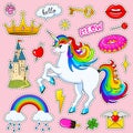 Set of girls fashion cute patches, fun stickers, badges and pins. Collection different elements. Unicorn lips and ponies Royalty Free Stock Photo