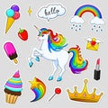 Set of girls fashion cute patches, fun stickers, badges and pins. Collection different elements. Unicorn lips and ponies Royalty Free Stock Photo