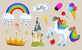 Set of girls fashion cute patches, fun stickers, badges and pins. Collection different elements. Unicorn lips and ponies Royalty Free Stock Photo