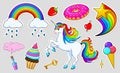 Set of girls fashion cute patches, fun stickers, badges and pins. Collection different elements. Unicorn lips and ponies Royalty Free Stock Photo