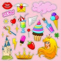 Set of girls fashion cute patches, fun stickers, badges and pins. Unicorn style. Collection different elements. Princess Royalty Free Stock Photo