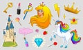 Set of girls fashion cute patches, fun stickers, badges and pins. Unicorn style. Collection different elements. Princess Royalty Free Stock Photo