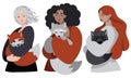 Set of girls with foxes of different colors in their hands on a white background. Girls with animals, hugging animals