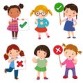 Set of girls holding and doing right and wrong signs Royalty Free Stock Photo