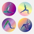 Set of girls sithouettes in yoga poses. Watercolor women shapes with white outline in circles on gradient background. Hand drawn