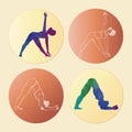 Set of girls sithouettes in yoga poses. Watercolor women shapes and white outline girls in circles on gradient