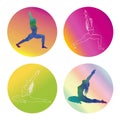 Set of girls sithouettes in yoga poses.White outline and watercolor women shapes in circles on gradient background.