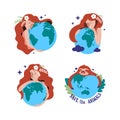 The set of girls and sloth hugging planet stickers, logo designs, badges