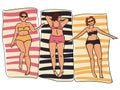 A set of girls sunbathing on striped towels in the style of sketches with color. Color illustrations of girls on the