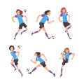 Set of girls in uniform playing soccer or football. Teenage girls soccer players running and kicking ball cartoon vector Royalty Free Stock Photo