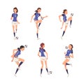 Set of girls in uniform playing soccer. Teenage soccer players running and kicking ball cartoon vector illustration Royalty Free Stock Photo