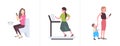 Set girls using gadgets sitting toilet bowl running on treadmill and walking with child different digital addiction Royalty Free Stock Photo