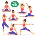 Set of girls in various poses of yoga. Woman yoga poses training