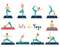 Set with girls who do yoga. A collection with various yoga positions in a flat style. Female cartoon characters isolated