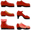 A set of glaA set of drawings of shoes for Christmas with stars. Six differentmorous shoes in pink. Six different types, paper art Royalty Free Stock Photo