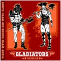 Set of gladiators on red background.