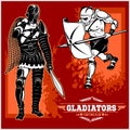 Set of gladiators on red background.