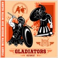 Set of gladiators on red background.