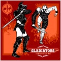 Set of gladiators on red background.