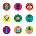 Set of glamorous items icons in flat style fashion beauty and female cosmetics: mirror, glasses, nail polish, perfume, adekolon Royalty Free Stock Photo