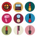 Set of glamorous items icons in flat style fashion beauty and female cosmetics: mirror, hair dryer, comb, shadow, powder Royalty Free Stock Photo