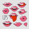 Set glamorous quirky icons. Vector illustration for fashion design. Bright pink makeup kiss mark. Passionate lips in cartoon style