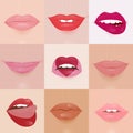 Set of glamour lips with different lipstick colors