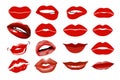 Set of 16 glamour lips, with vinous lipstick colors. Royalty Free Stock Photo