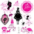 Set of glamour Princess, castle, carriage, black and pink silhou